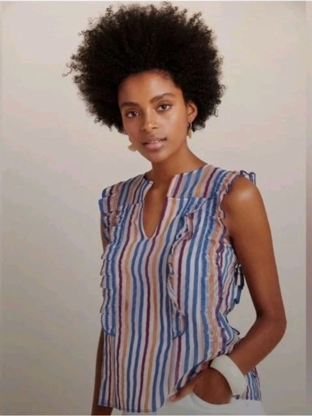 Anthropologie Sleeveless Ruffle Stripe Blouse in Blue and Tan